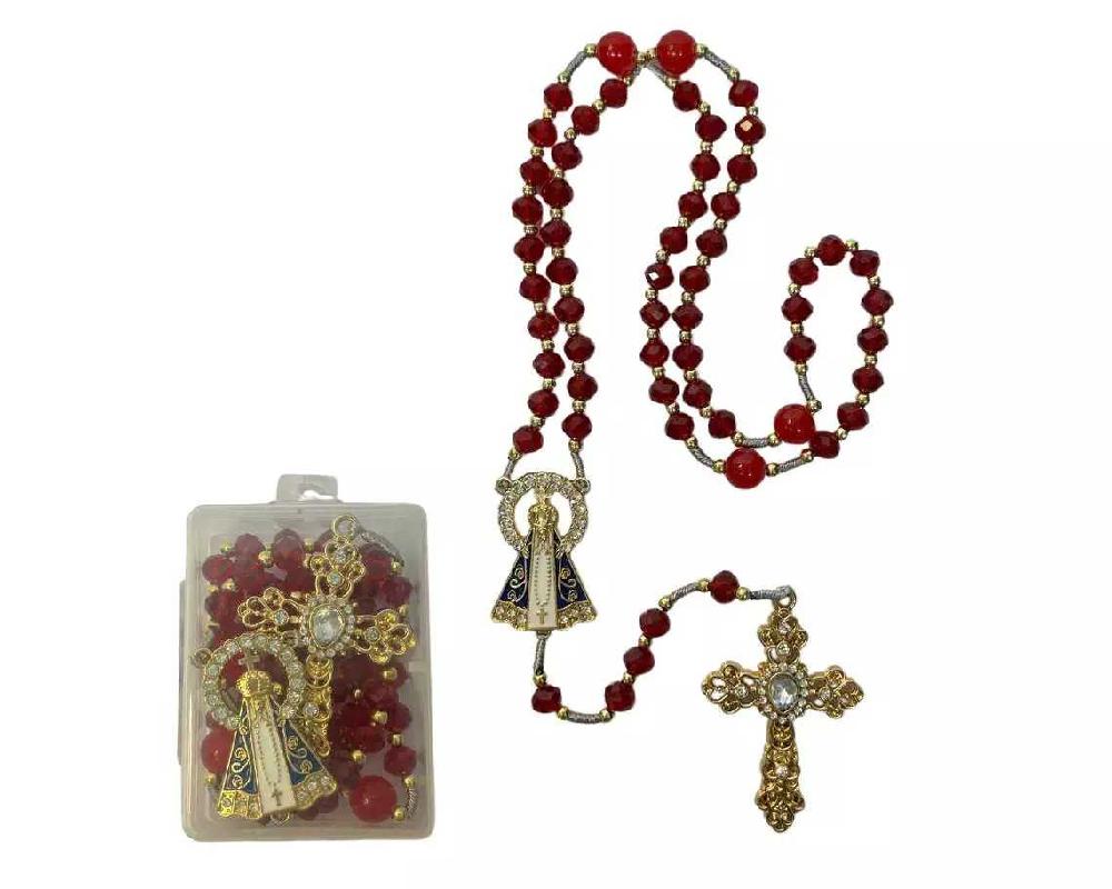 Terco-Micanga-Nossa-Sra.-Aparecida-Fundo-Branco-Resplendor-Dourado-Cruz-Cravejada-