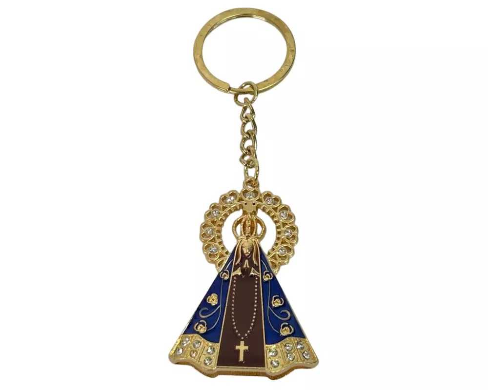 Chaveiro-Dourado-Nossa-Sra.-Aparecida-Fundo-Marrom-Resplendor-Cravejado
